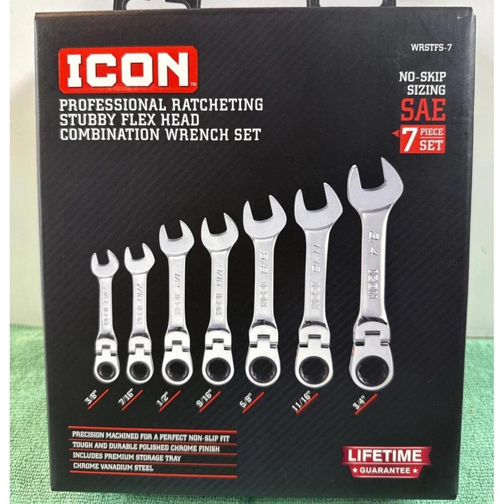 ICON WRSTFS-7 Professional Ratcheting Stubby Flex Head Combination Wrench Set